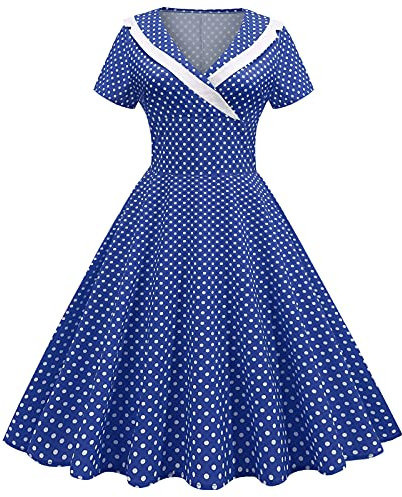 IWEMEK Women 1950s Vintage Retro Rockabilly Dress Lapel V-Neck Slim A-line 50s 60s Pinup Audrey Hepburn Style Polka Dot Swing Dresses Summer Casual Pageant Party Cocktail Evening Blue L