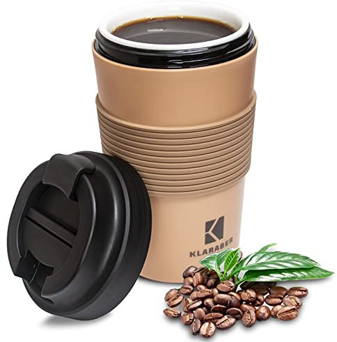 Klaraber Ceramic Travel Mug with Lid, Portable Porcelain Cup with Sleeve, Leakproof Ceramic Lined Coffee Cup Travel Mug, Reusable Coffee Cup, 350ml / 12oz (Khaki)