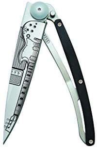 deejo Ultraleichtes Klappmesser mit Gürtelclip - Ebenholz-Version 36.9 g - Feine, scharfe Klinge - Rock'n Roll Muster - Edelstahl - Elegantes und modernes Design