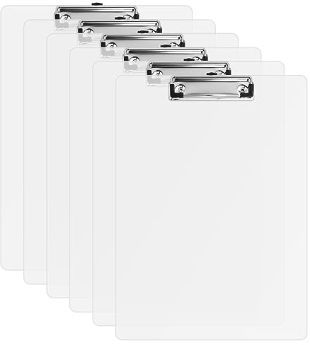 6 Pz Portapapeles A4, Porta-Bloc Carpeta A4, Tablero de Plástico con Clip Metálico Engomado, Tablero con Orificio para Colgar, Portapapeles para Oficina, Cocina y Escuela (Transparente)