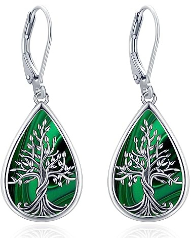 Eusense Boucles d'oreilles arbre de vie Boucles d'oreilles gouttes d'eau en argent 925 avec Malachite Arbre de vie Boucles d'oreilles pendantes Bijoux Cadeau pour Dames Femmes