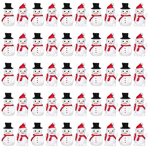 Soaoo 50 Pcs Winter Mini Snowman Figurines 2 Types Tiny Resin Snowman Decoration with Top Hat Xmas Micro Landscape Ornament Mini Garden Dollhouse Accessories for Crafts DIY Xmas Winter Party