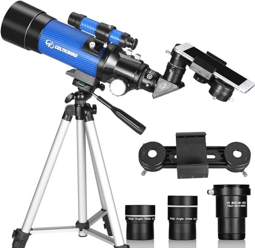 Celticbird Astronomisches Brechungsteleskop Blue mit 70 mm Öffnung und 400 mm für Kinder und Anfänger – Reiseteleskop mit Stativ, Telefonadapter, Barlow-Linse