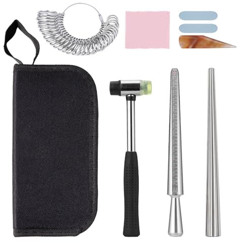 9 Stück Ringgrößenwerkzeug Ringmaß-Set mit Metallring-Mandrel, Ringgrößenmessern, Metallstab, Gummihammer, Achat-Kratzwerkzeug, Polierstäbe, Poliertuch, Aufbewahrungstasche für Schmuckherstellung