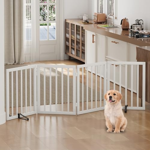 Dog Gates for Doorways, Foldable Dog Gate Indoor, Freestanding Pet Gates for Doorways Bedroom, Puppy Gate with Metal Support Feet, Room Divider 4 Panels (White)