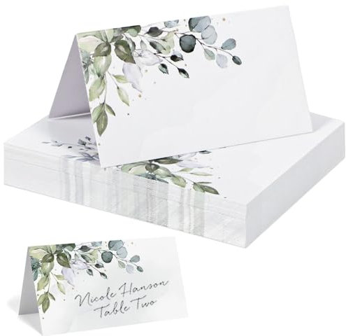 Lot de 50 marque place mariage, marque place bapteme, eucalyptus marque place, Convient pour les mariages, les communions, les baptêmes, les anniversaires, Carte de siège pliée en 8.9 * 5cm