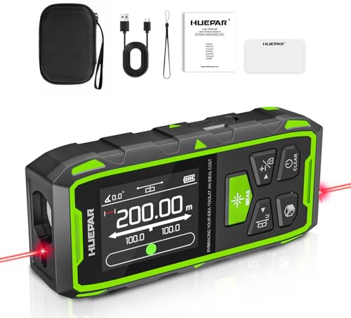 Huepar Telémetro Láser Doble 200m,Gran Memoria de Datos,Modo Pitágoras | Telémetro Láser Bilateral Rojo con Pantalla LCD Giratoria,Ángulo Digital,Múltiples Modos de Medición,para Reformas