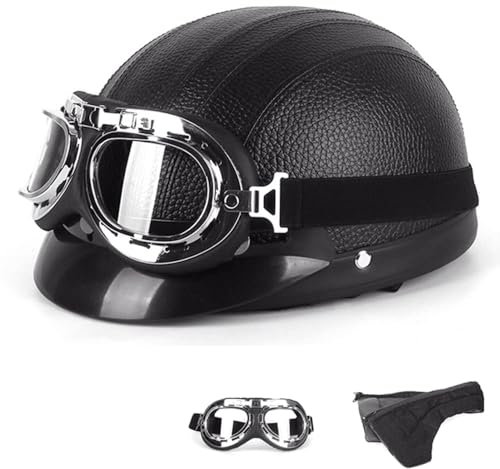 Motorradhelm Damen Herren Open Face Retro Halbschalenhelm DOT/ECE-Zertifizierter Mit Schutzbrillen Scooter Helm Jethelm Downhill Helm Mopedhelm Schutzhelm Für Cruiser Chopper,Black-54~60CM