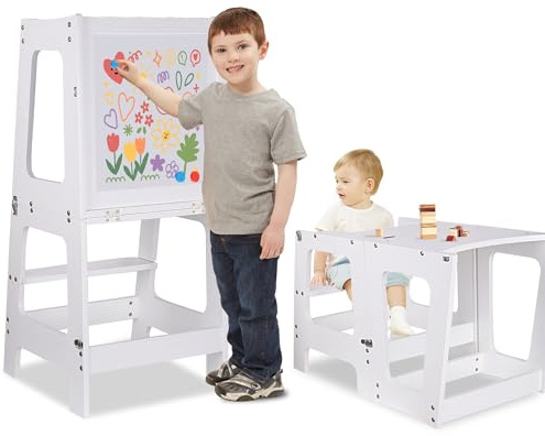Tour d'apprentissage pour Enfants, Montessori 3 en 1 Tour d'observation, Pliable Chaise d'apprentissage Tabouret pour Enfants avec avec Tableau à Dessin Noir et Crayons aquarelles, Montessori Kitchen