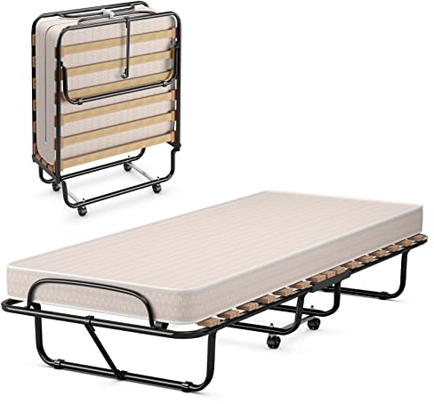 COSTWAY Folding Bed with Memory Foam Mattress, Portable Foldable Rollaway Guest Bed on Wheels, Metal Frame Slatted Compact Single Fold up Bed Office Camp Sleeper for Adults, 190x80cm, Beige