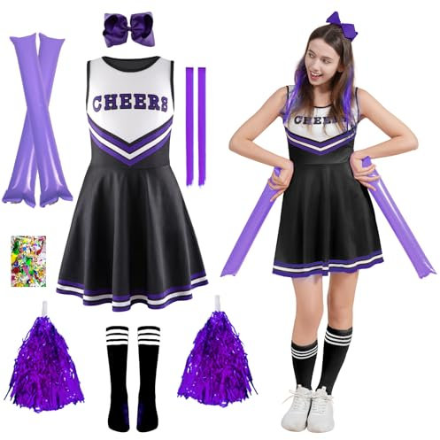 Cheerleader Kostüm Kinder, Cheerleadering Outfit Mädchen, Cheerleading Kleid Cheer Uniformen mit Pompoms, Socken und Haarzubehör, Kinder Cheer Outfit (Lila, M)
