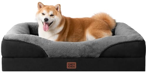 EHEYCIGA Orthopädisches Hundebett Mittelgroße Hunde, 91x68x17.5cm, Memory Foam Waschbar und Wasserdicht Hundekorb mit 4 Rändern, Hundesofa Hundecouch rutschfest, Grau/Schwarz
