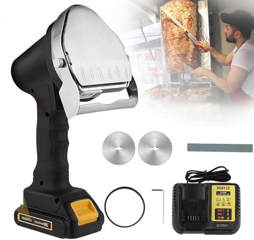 Affettatrice Elettrica per Kebab, Coltello per Kebab Shawarma A Batteria di Grande capacità Portatile con 2 Lame, Regolazione Spessore 0-8 Mm, velocità Variabile Silenziosa, Taglierina Giroscopica