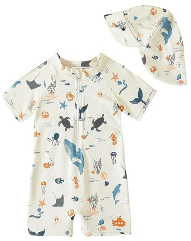 WYTbaby Traje de baño para bebé, ropa UV de una pieza, manga corta, protección UV para bebé niño con sombrero de sol, beige, 3-6 meses
