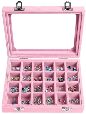 BASUWELL 24 Grid Velvet Jewelry Tray for Drawers Glass Clear Lid Showcase Display Storage Ring Trays Holder Earrings Organizer Case (Pink)