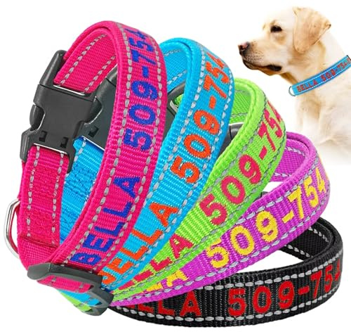 Personalized Reflective Dog Collars, Embroidered Name & Phone Number, D-Ring Quick Release Buckle, Soft Nylon Personalized Adjustable Pet Collar 4 Sizes for Large Medium Small Dogs