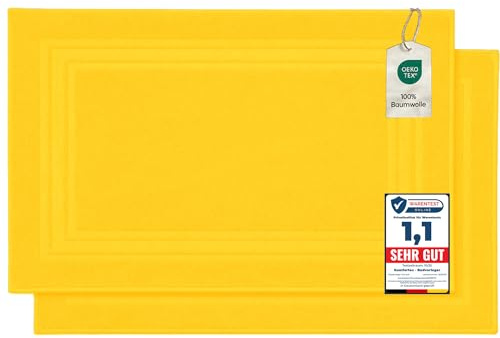Komfortec 2er Badvorleger aus 100% Baumwolle, 600 GSM, Duschvorleger, Waschbar, Badteppich, Saugfähig, Frottee, 50x70 cm, Gelb
