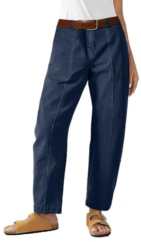 Flamingals Women’s Mid Waist Carrot Straight Leg Pants Casual Fashion Trendy Stitch Detail Crop Pants Blue M