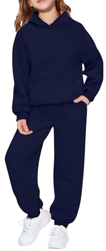 Kids Tracksuit Full Set 2 Piece Sport Outfit Boys Girls Long Sleeve Hoodie Sweatshirts and Loose Sweatpants Bottom Jogging Pants Activewear Track Suit (Navy, 11-12 Years)