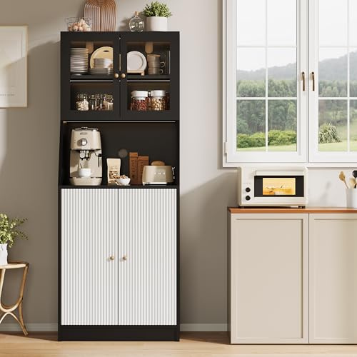 QMTXBYJ Köksskåp, högskåp, bufféskåp med LED och justerbar skåphylla, högskåp med glasdörrar och öppna förvaringsfack, köksbuffé, förvaringsskåp för kök, 70 x 40 x 180 cm, svart