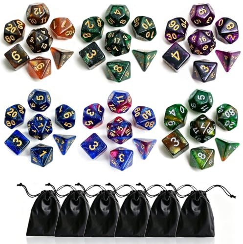 Juego de 6 dados poliédricos DND, juego de dados de nebulosa de doble color, compatibles con Dungeons and Dragons D&D, juegos de rol, juegos de rol, dados con D4, D6, D8, D10, D% D12, D20 (6 dados con