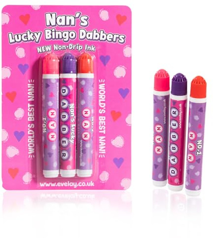 evelay Best Nan Bingo Dabber Set | 3 färgmarkörer i lila rosa röd | Smidigt bläck utan röra | Lättgreppade pennor för bingonätter | rolig present till Nan familjespel