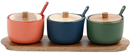 Kryddburk kryddbehållare, keramisk med skedlock och träbricka, hemkrydda kryddkruka sockerbehållare set(Pink+blue+green)