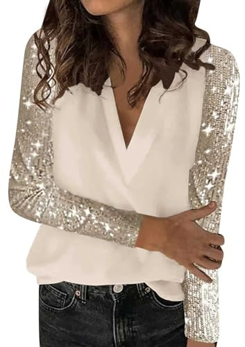 duaicnvow Glitter blustoppar för kvinnor trendiga avslappnade t-tröjor gnistrande paljetttopp elegant kortärmad rund hals klänning TeeShimmer glitter nyckelhål hals fest uppklädd topp, BEIgE, L