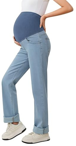 Pantalones Vaqueros Mujer de Maternidad Cintura Elástica Alta Pantalon Vaquero de Pernera Ancha Holgados Casuales Color Sólido Pantalón con Forro Polar para Embarazo Premamá Denim Jeans