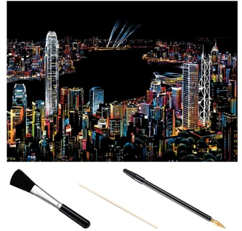 DECORNIJIA Kit de Pintura para Rascar 4 Piezas Imagen Nocturna de Ciudad, Incluye 3 Herramientas (bastón de Bambú, Bolígrafo Dorado, Pincel Negro), Papel para Raspar Manualidades Escolares