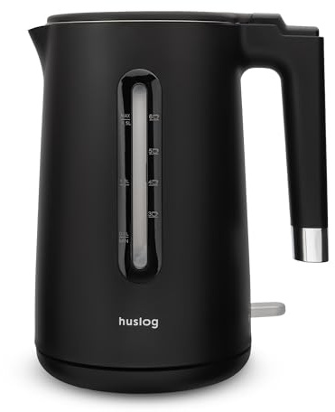 huslog Hervidor de Agua 1,5L 2200W Double Wall Cool Touch, Acero Inoxidable 304, Libre de BPA, con Indicador de Nivel de Agua, Base 360°, Protección contra Funcionamiento en Seco, Negro