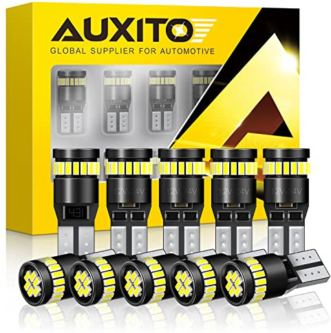 AUXITO 194 LED Light Bulb 6000K White 168 2825 W5W T10 Wedge 24-SMD 3014 Chipsets LED Replacement Light Kit Error Free for Car Interior Dome Map Door License Marker Lights, Pack of 10