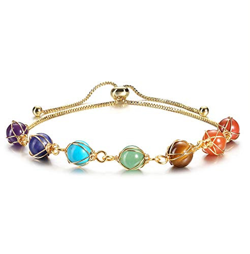 Jovivi Bracelet Chakra avec Chaîne Cuivre 14k Or Doré Retro DIY Pierre d’Energie Pierre Précieuses Extensible Bracelet Femme Filles