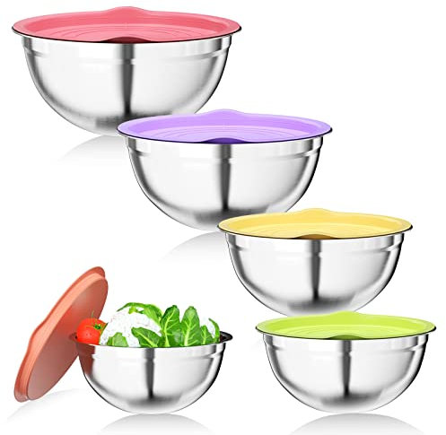 Newaner salatschüssel 5er-Set, rührschüssel aus Edelstahl mit luftdichtem Deckel, 4.5L / 3.5L / 2.5L / 2L / 1.4L kitchenaid schüssel sind stapelbar und spülmaschinenfest, zum Mischen und Servieren