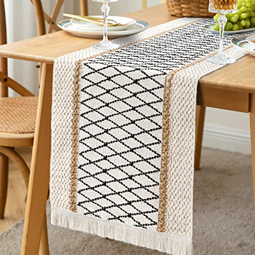 LOMOHOO Macrame Table Runner, Cream Beige Boho Table Runners with Tassels | Hand Woven Cotton and Burlap Splicing Table Runners, Rustic Farmhouse Table Runner for Bohemian,Kitchen Dining Table