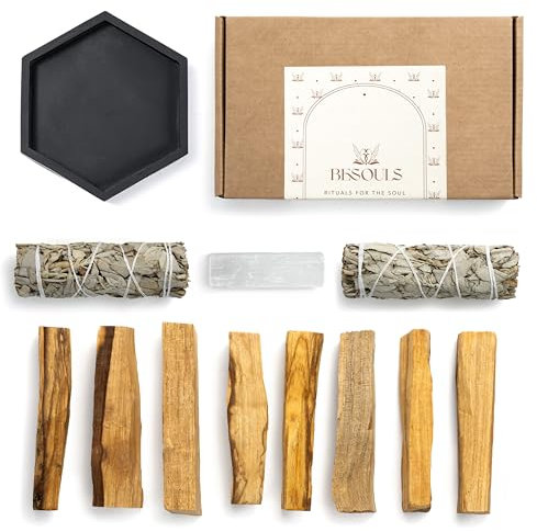 BESOULS Premium Räucherset Hausreinigung: 2 Weißer Salbei zum Räuchern 8 Palo Santo Räucherholz aus Peru 1 Selenit Einzigartiges Tablett spirituelle Geschenke Salbei räuchern räucherbündel