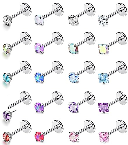 Krfy 20Stück Nasenpiercing Chirurgenstahl Silber Nasenstecker Tragus Conch Labret Nose Piercing Ohrloch Stecher Set Hypoallergen Nasen Piercing Stecker für Damen 20G