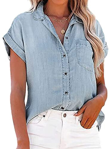 NLAVW Camicia da Donna Estiva abbottonata in Denim Camicie Casual a Maniche Corte Top Camicette da Giacca di Jeans Larghe Camicetta a Tunica Aderente,Light Blue,M