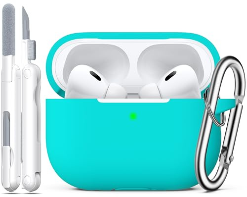 R-fun Kompatibel mit AirPods Pro 2 Hülle mit Reinigungsset, Vollschutzsilikon für Apple AirPods Pro 2023/2022/2019 Ladecase[LED anteriore visibile], Türkis
