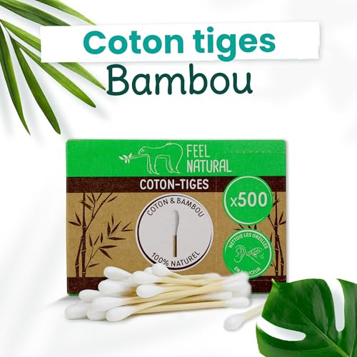 Coton Tige Bambou - Boîte 500 Cotons tiges blanc Bambou Feel Natural - Hygiene Oreille, Demaquillage - Avec une Ouverture Facile
