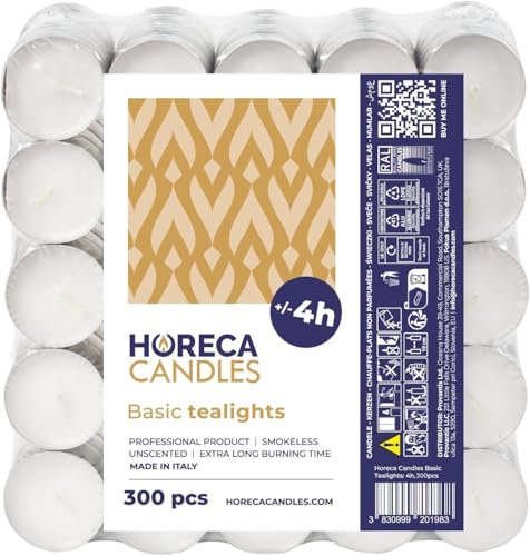 Horeca Candles - Candele Tealight Bianche - Durata 4 Ore di Combustione - Set da 300 Candeline Non profumate - Lumini per Matrimonio, Decorazione, Gastronomia