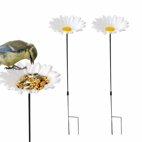 DIVCHI Bird Feeders Free Standing Flower Birds Feeding Station | Garden | Outdoor | Pole | Decorative | Wild Bird | Seed | Nut | Water | Bowl | Bath | Dish (Pack of 2) (White)