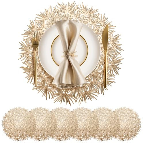 Manteles Individuales Lavables PVC Salvamanteles Individuales Redondos Juego de 6 Manteles Individuales Oro Resistentes Al Calor para Mesa de Cocina y Restaurantes