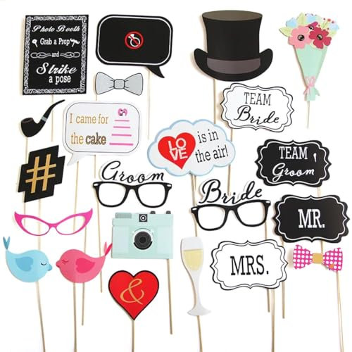 KOQAIIZ Hochzeit Fotoautomat Requisiten 22 Stk Foto Booth Props Photo Fotobox Accessoires Hut Krawatte Brillen Fotorequisiten Hochzeitsfoto Dekorationen für Wedding JGA Party Zubehör