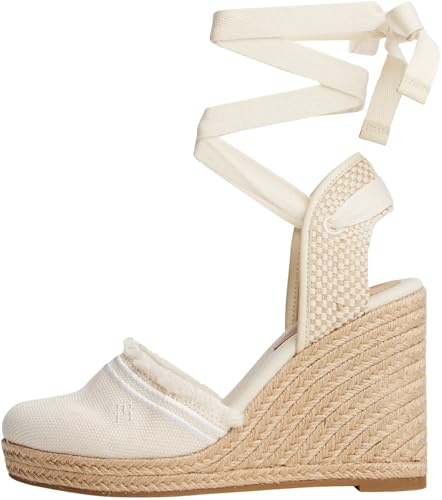 Tommy Hilfiger Alpargatas con cuña Mujer Fringe Canvas con tacón de cuña, Marfil (Muslin), 38