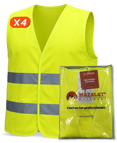Set de 4 chalecos reflectantes para Hombre & Mujer – Cumple con EN ISO 20471 & EN ISO 13688 – Tiras Reflectantes, Ligero & Transpirable – chaleco reflectante moto, chaleco reflectante coche.