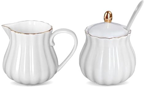 MEETOZ Ceramic Sugar and Creamer Set, Sugar Set with Lid & Spoon, Tea or Coffee Serving Set with Cream Pitcher, Dishwasher Safe, Set of 3, White