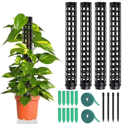 Herbst 4pcs Moss Pole, 24 cm Tuteur Monstera en Plastique, Tuteur Plante Interieur avec étiquettes et Attaches Torsadées (Noir)