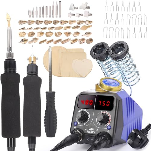 WEP 939D-VII 2-in-1 Wood Burning Kit 84-in-1 with 51 Solid Points and 23 Wire Nibs Wood Burner with 2 Letter Number Stencils, 6 Unfinished Wood, 1 Pen Holder, Pyrography kit (UK Plug)