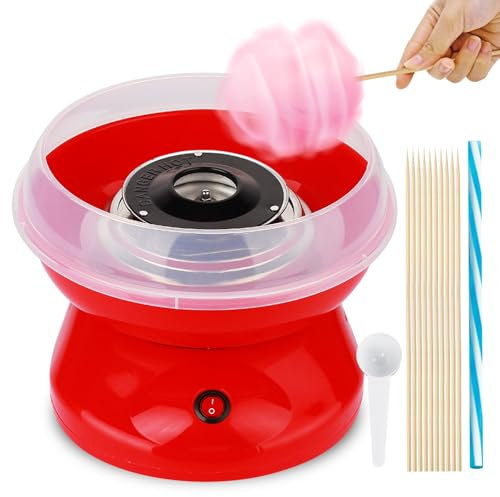 Macchina Zucchero Filato Bambini, Macchina per Zucchero Filato 450w Retrò con Cucchiaio Dosatore e 10 Bastoncini Facile da Usare e Pulire Cotton Candy Machine Ideale per Casa Feste e Compleanni Rosso